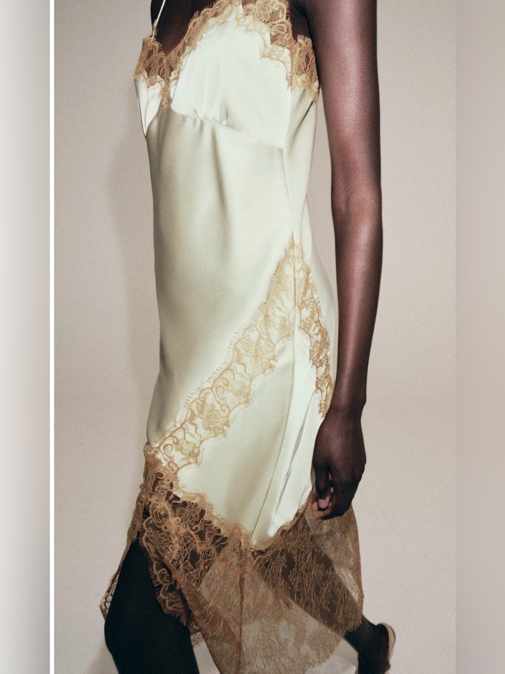 NWT Zara Pale Sea Green Slip Dress with Tan Lace Trim Size Large 2678/048 - Picture 7 of 10